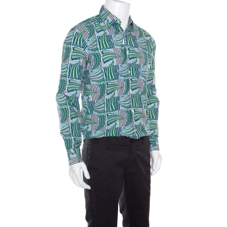 Pre Owned Salvatore Ferragamo Blue and Green Sailboat Printed Cotton Long Sleeve Shirt M
