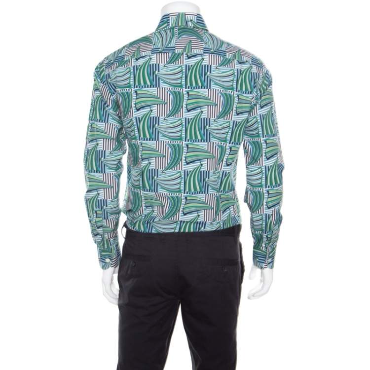 Pre Owned Salvatore Ferragamo Blue and Green Sailboat Printed Cotton Long Sleeve Shirt M