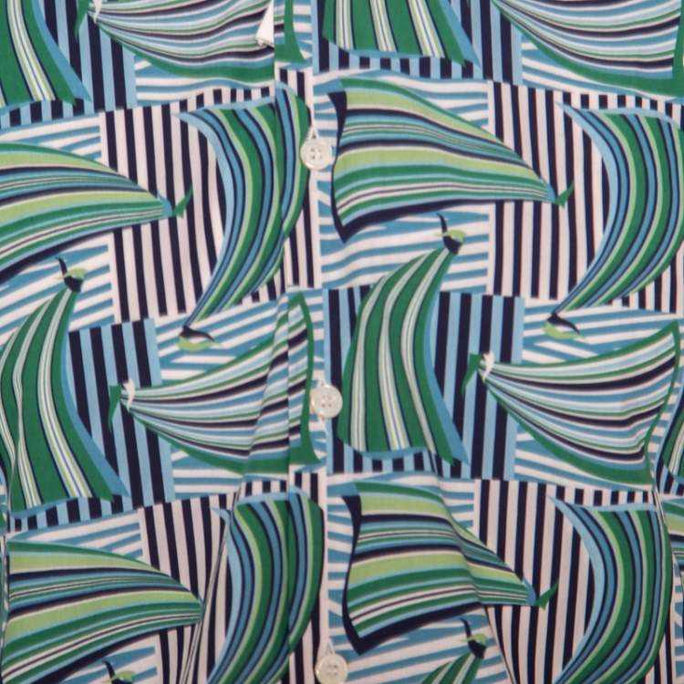 Pre Owned Salvatore Ferragamo Blue and Green Sailboat Printed Cotton Long Sleeve Shirt M