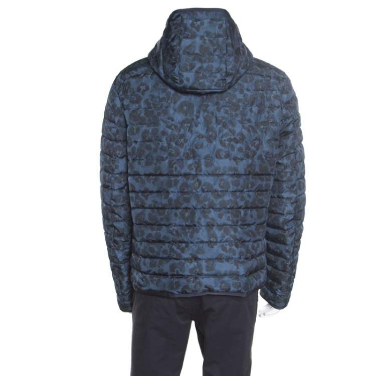 Pre Owned Salvatore Ferragamo Blue Camo Print Hooded Zip Front Quilted Down Jacket XL