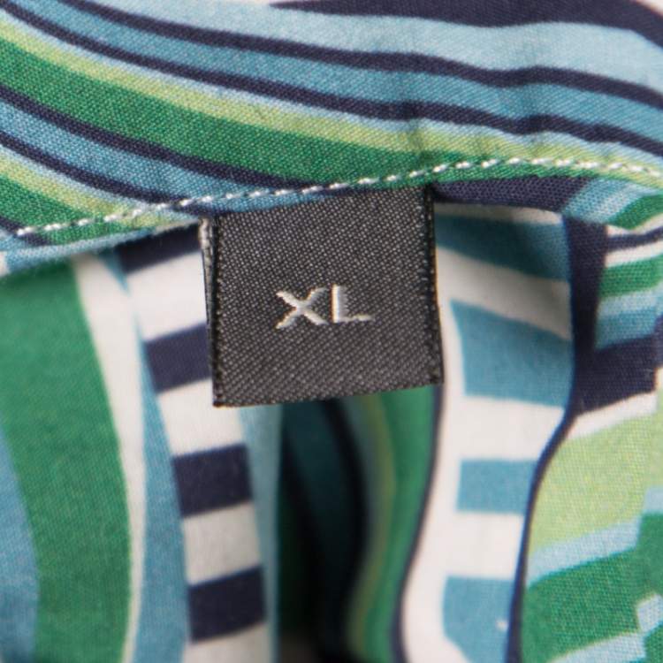 Pre Owned Salvatore Ferragamo Blue and Green Sailboat Printed Cotton Long Sleeve Shirt XL
