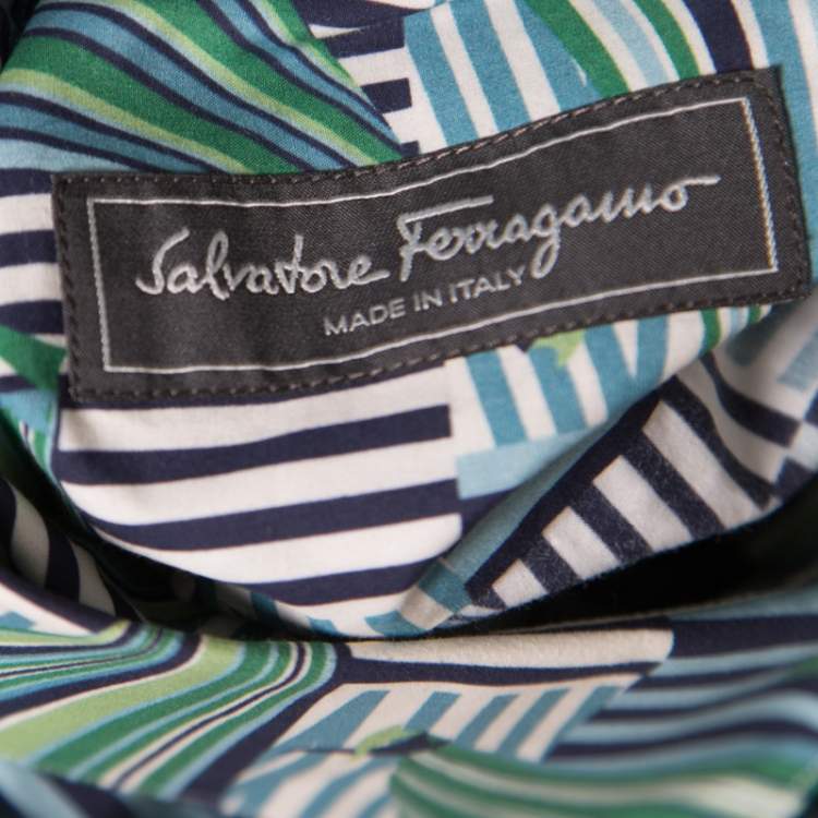 Pre Owned Salvatore Ferragamo Blue and Green Sailboat Printed Cotton Long Sleeve Shirt XL