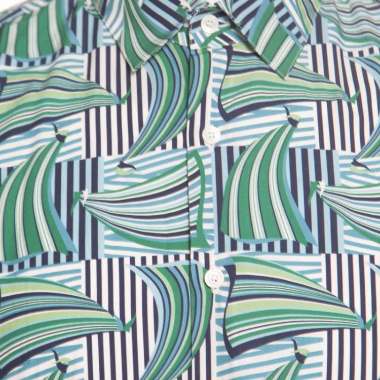 Pre Owned Salvatore Ferragamo Blue and Green Sailboat Printed Cotton Long Sleeve Shirt XL