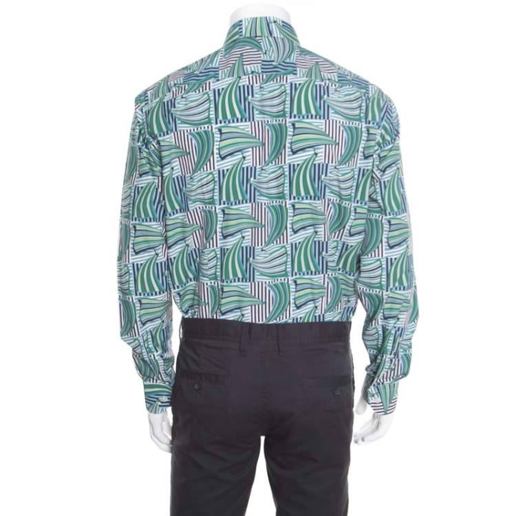 Pre Owned Salvatore Ferragamo Blue and Green Sailboat Printed Cotton Long Sleeve Shirt XL