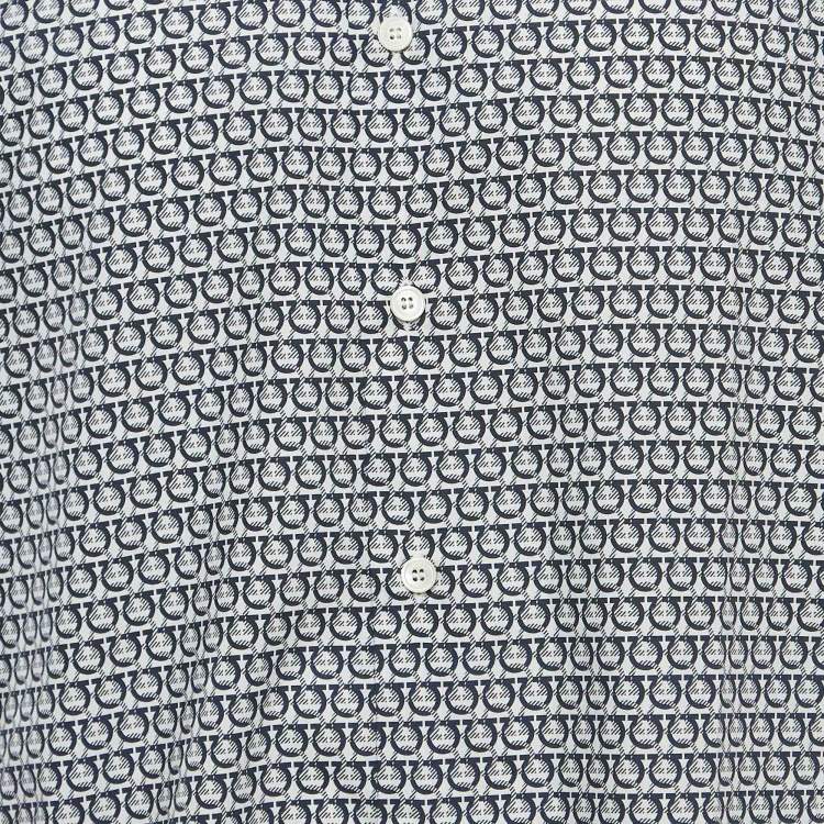 Pre Owned Salvatore Ferragamo Navy Blue Gancini Print Cotton Long Sleeve Shirt XL