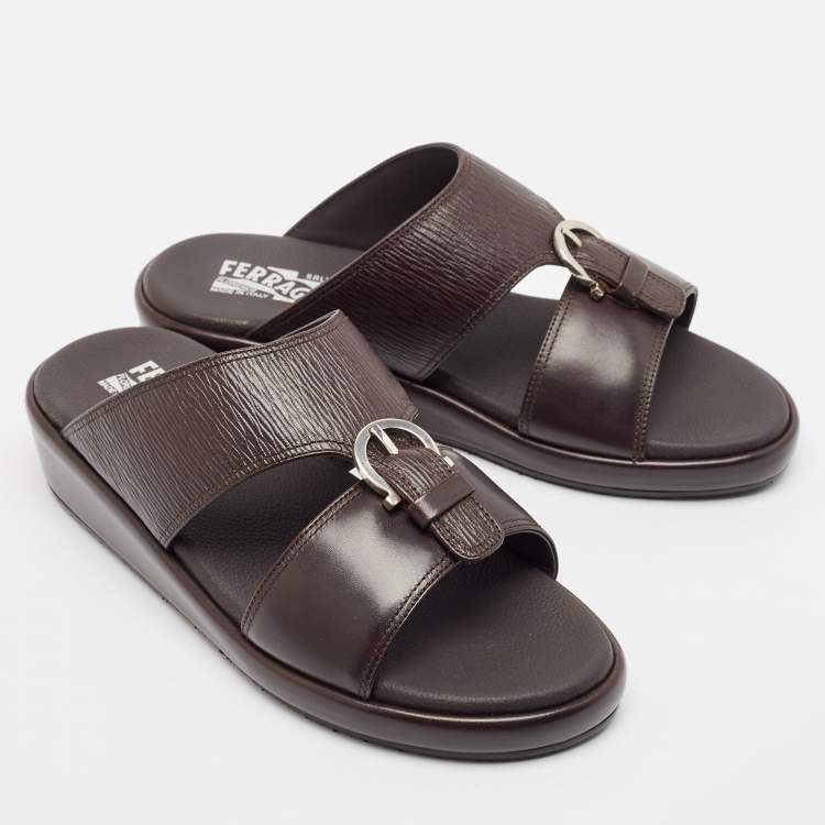 Pre Owned Salvatore Ferragamo Brown Leather Murray Flat Sandals Size 41