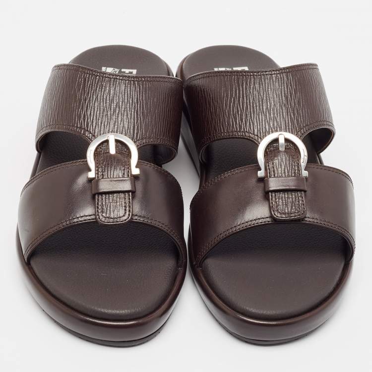 Pre Owned Salvatore Ferragamo Brown Leather Murray Flat Sandals Size 41