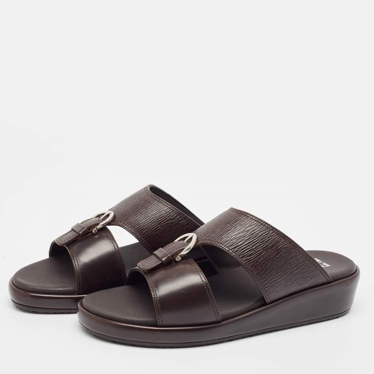 Pre Owned Salvatore Ferragamo Brown Leather Murray Flat Sandals Size 41