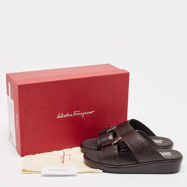 Pre Owned Salvatore Ferragamo Brown Leather Murray Flat Sandals Size 41