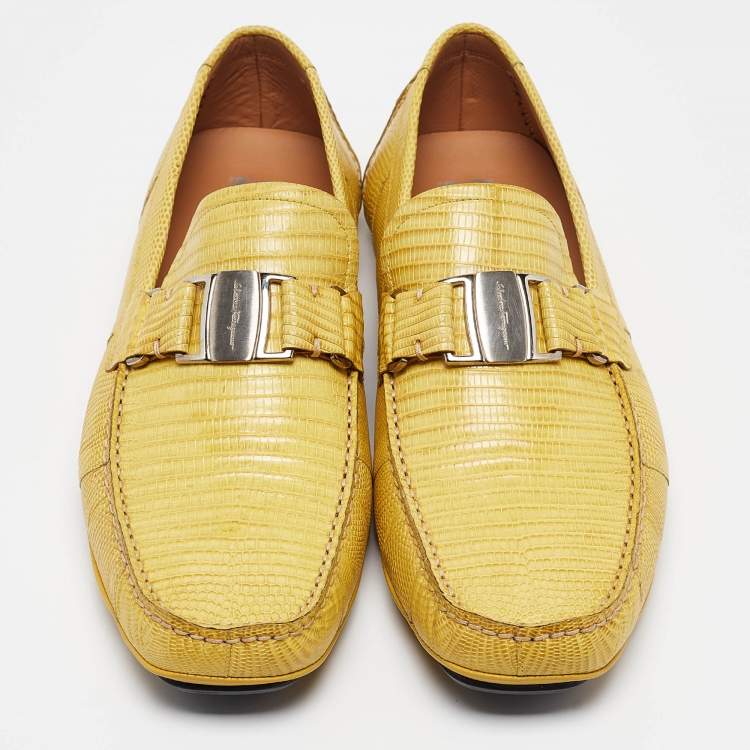 Pre Owned Salvatore Ferragamo Yellow Lizard Sardegna Loafers Size 44.5