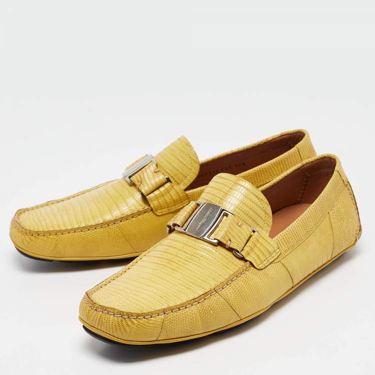 Pre Owned Salvatore Ferragamo Yellow Lizard Sardegna Loafers Size 44.5