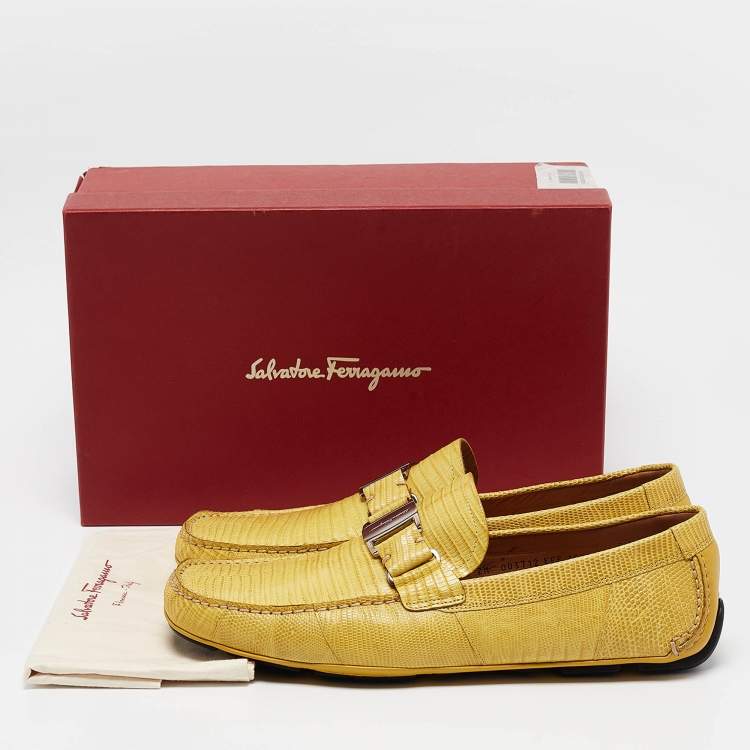 Pre Owned Salvatore Ferragamo Yellow Lizard Sardegna Loafers Size 44.5