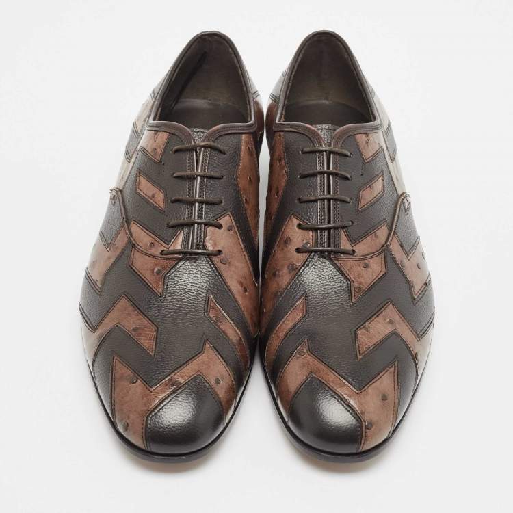 Pre Owned Salvatore Ferragamo Brown Ostrich Leather Oxfords Size 45