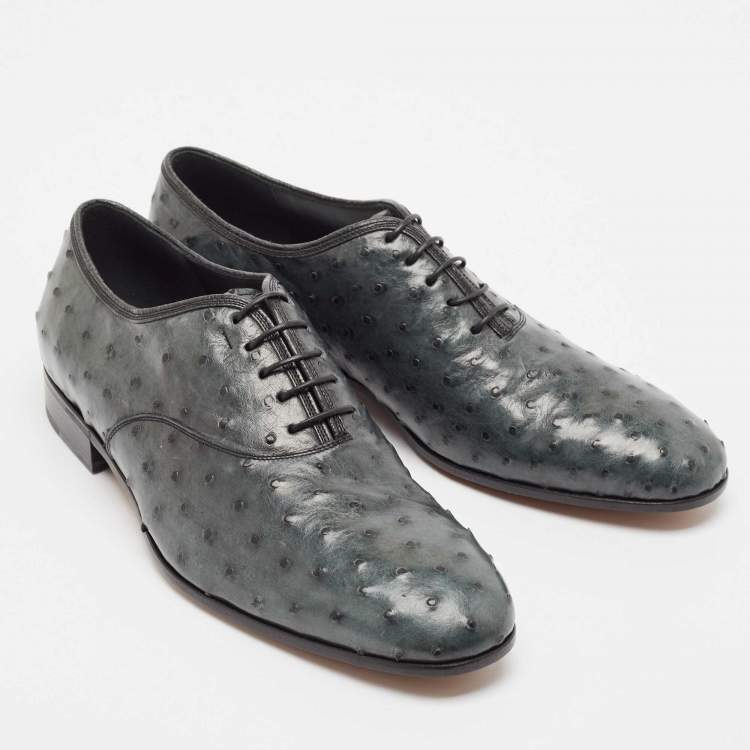 Pre Owned Salvatore Ferragamo Grey Ostrich Leather Gris Oxfords Size 41.5