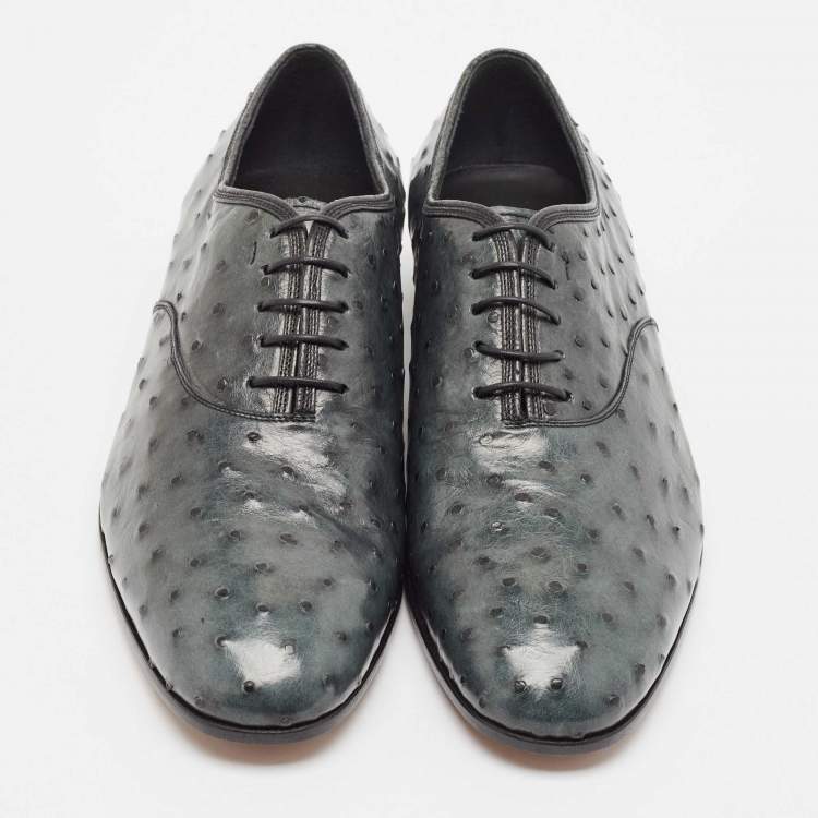 Pre Owned Salvatore Ferragamo Grey Ostrich Leather Gris Oxfords Size 41.5