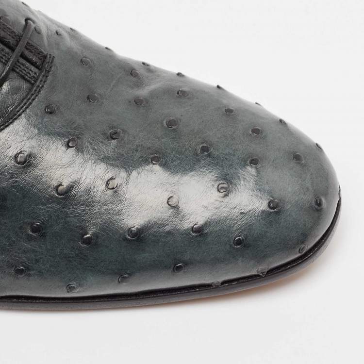 Pre Owned Salvatore Ferragamo Grey Ostrich Leather Gris Oxfords Size 41.5