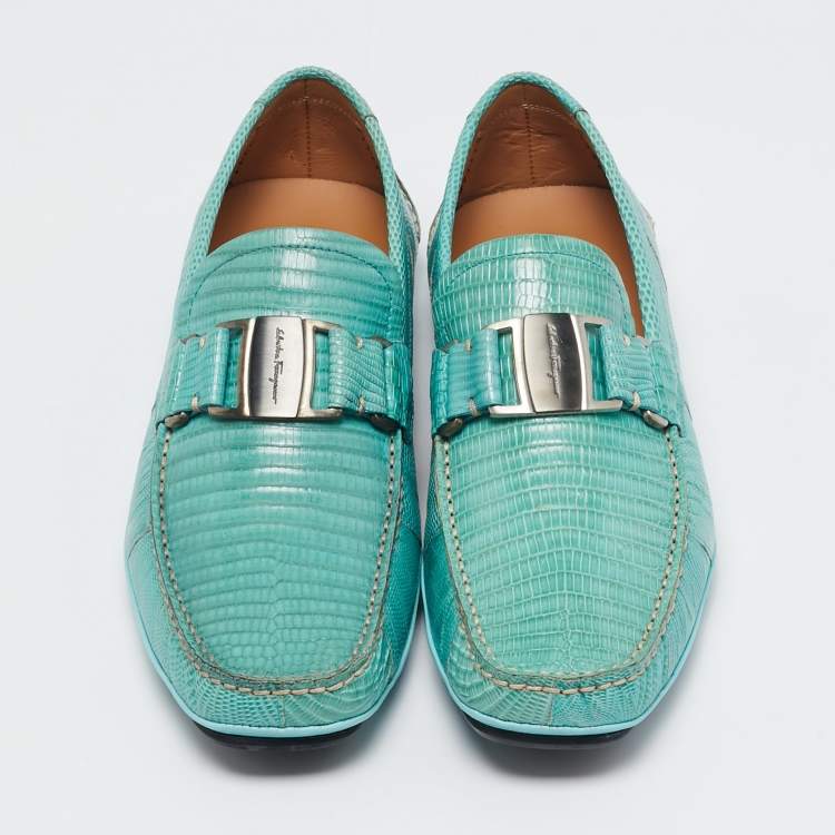 Pre Owned Salvatore Ferragamo Aqua Green Lizard Sardegna Loafers Size 41