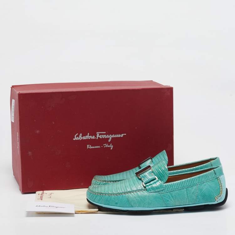 Pre Owned Salvatore Ferragamo Aqua Green Lizard Sardegna Loafers Size 41