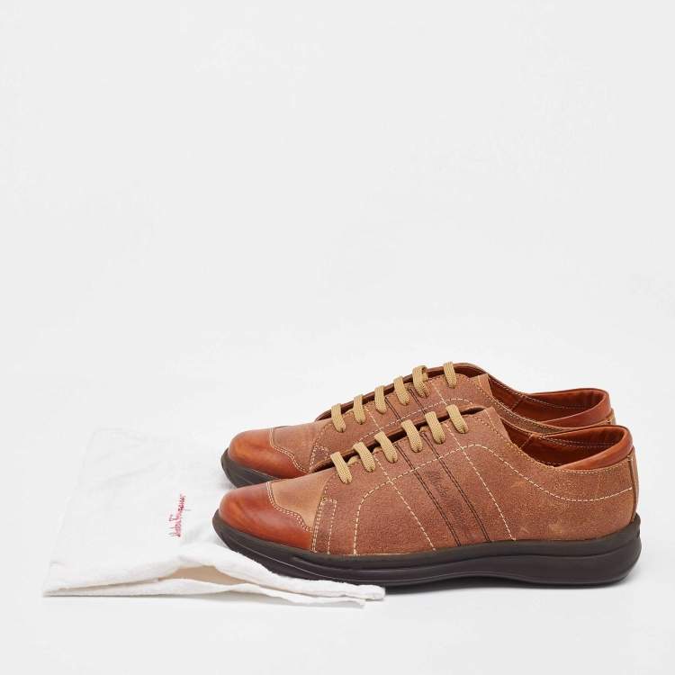 Pre Owned Salvatore Ferragamo Tan Leather Low Top Sneakers Size 41.5