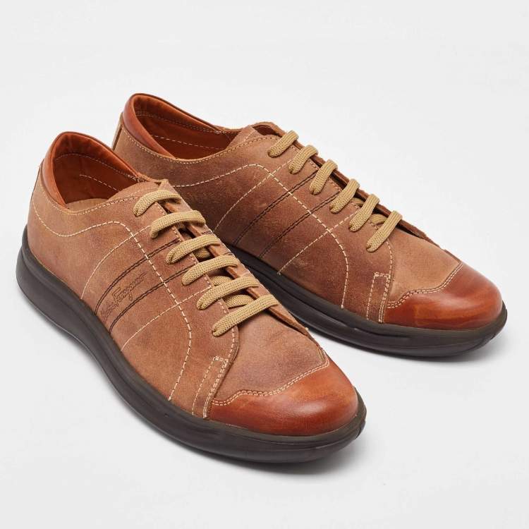 Pre Owned Salvatore Ferragamo Tan Leather Low Top Sneakers Size 41.5