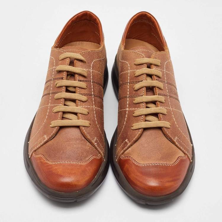 Pre Owned Salvatore Ferragamo Tan Leather Low Top Sneakers Size 41.5