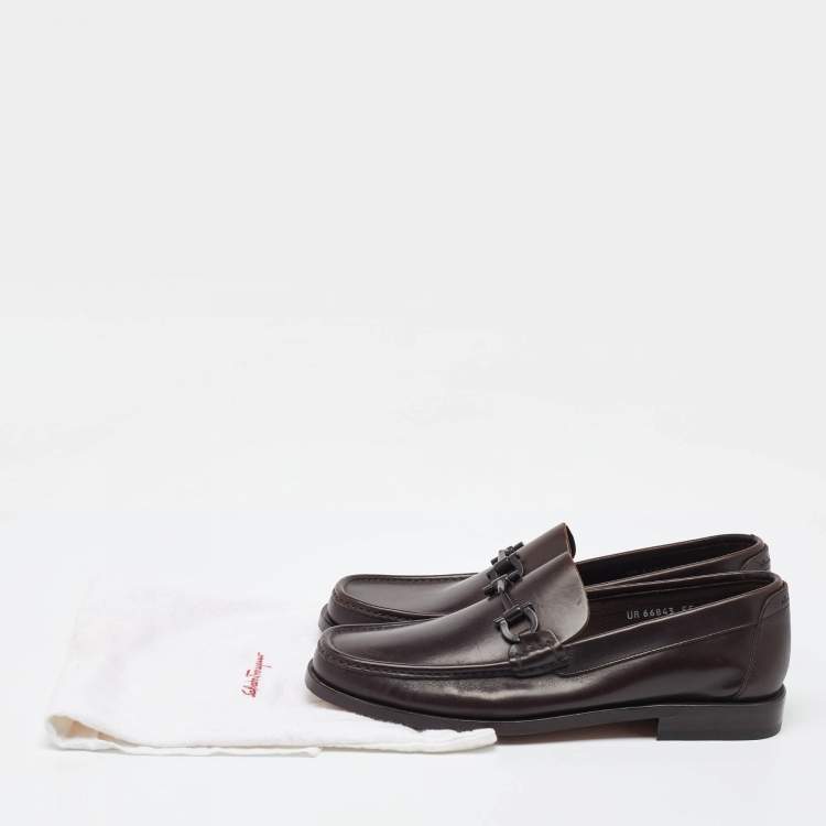 Pre Owned Salvatore Ferragamo Dark Brown Leather Gancini Slip On Loafers Size 41.5