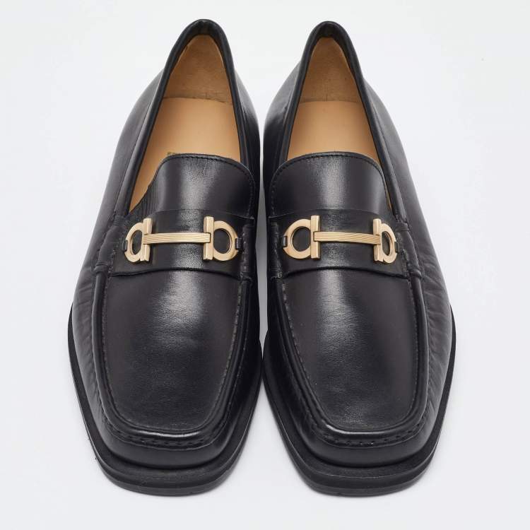Pre Owned Salvatore Ferragamo Black Leather Gancini Slip On Loafers Size 41.5