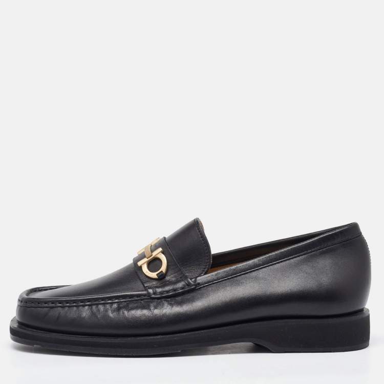 Pre Owned Salvatore Ferragamo Black Leather Gancini Slip On Loafers Size 41.5