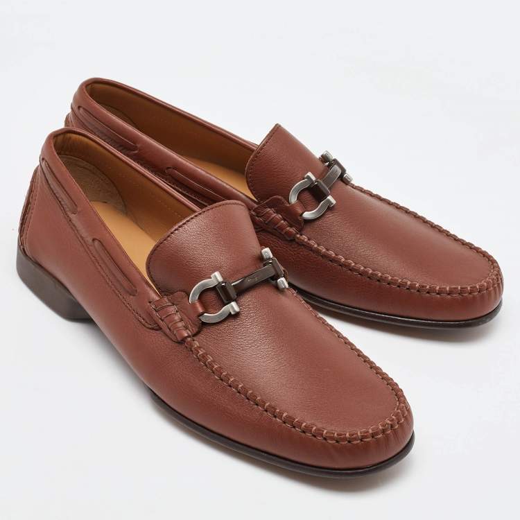 Pre Owned Salvatore Ferragamo Brown Leather Gancini Penny Loafers Size 41.5