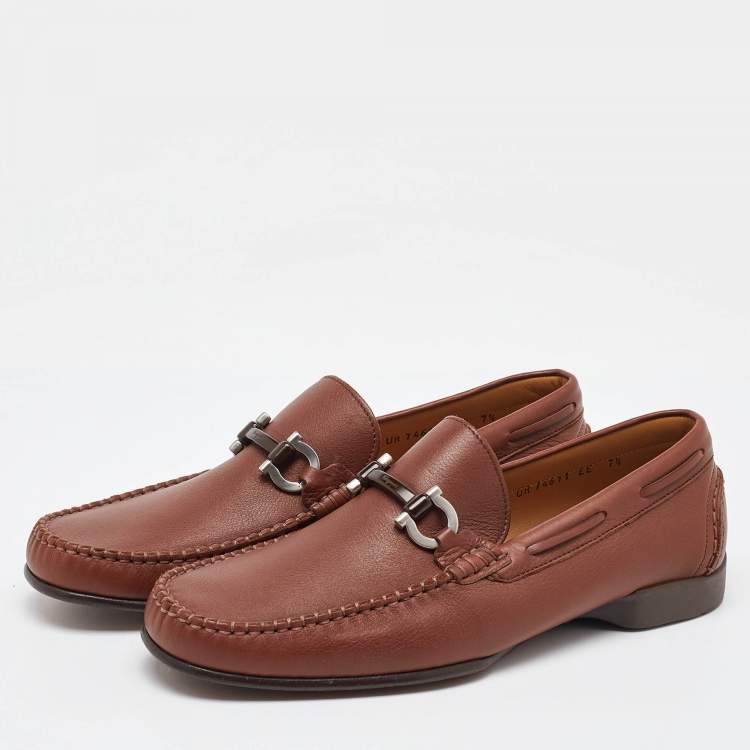 Pre Owned Salvatore Ferragamo Brown Leather Gancini Penny Loafers Size 41.5