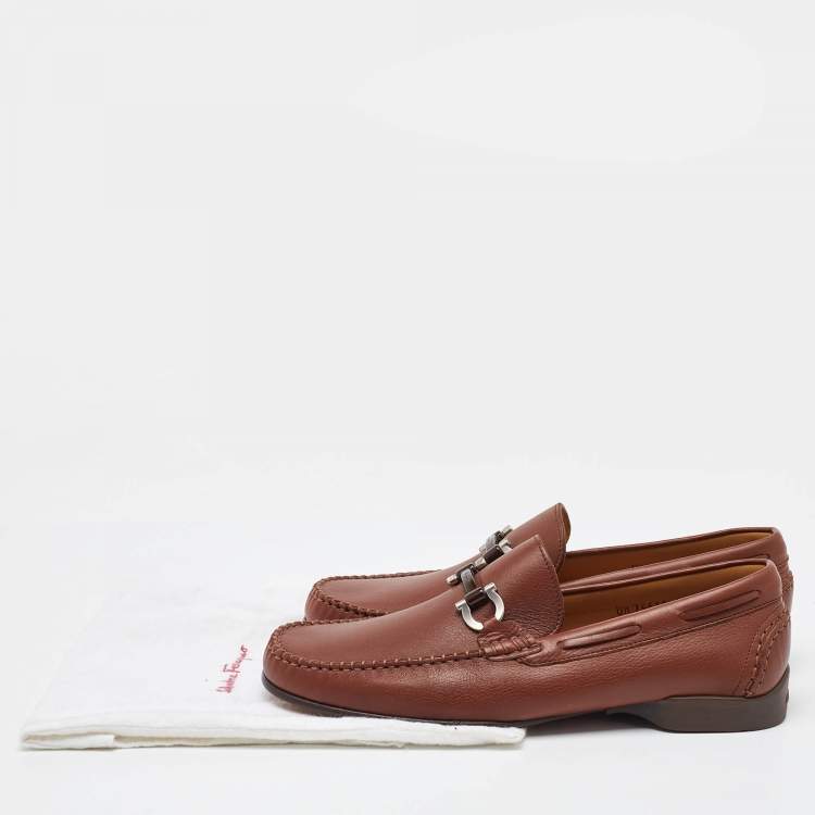 Pre Owned Salvatore Ferragamo Brown Leather Gancini Penny Loafers Size 41.5