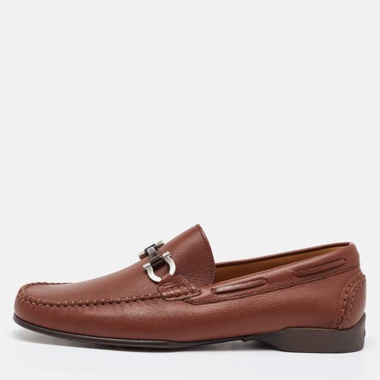 Pre Owned Salvatore Ferragamo Brown Leather Gancini Penny Loafers Size 41.5