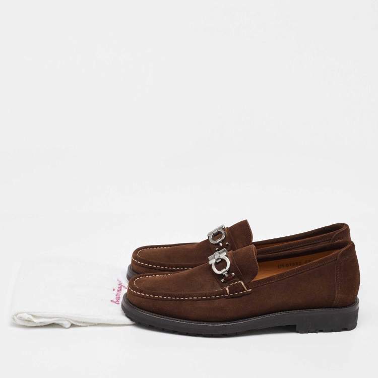 Pre Owned Salvatore Ferragamo Dark Brown Nubuck Leather Gancini Loafers Size 41.5