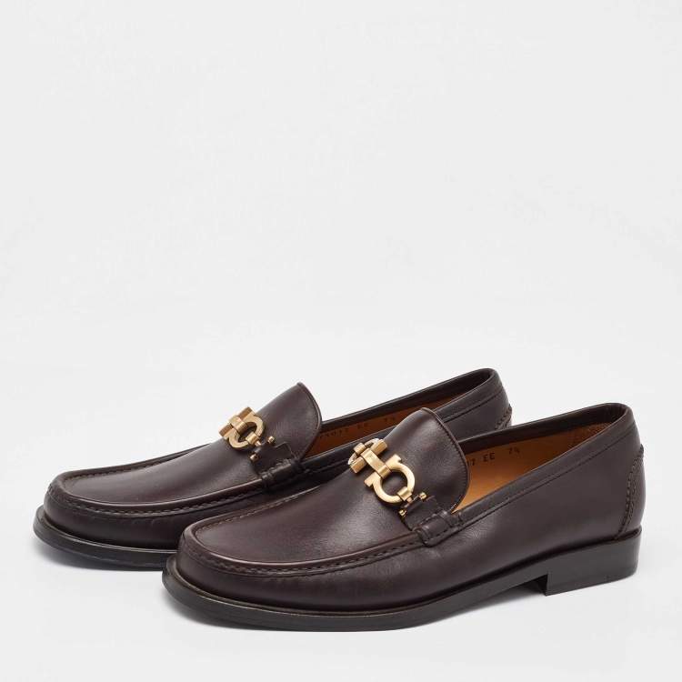 Pre Owned Salvatore Ferragamo Dark Brown Leather Gancini Slip On Loafers Size 41.5