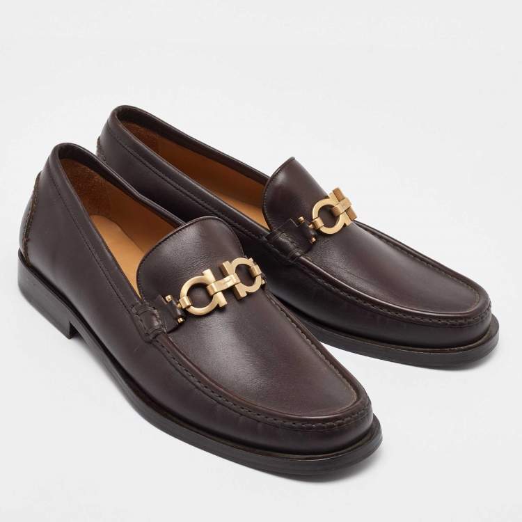 Pre Owned Salvatore Ferragamo Dark Brown Leather Gancini Slip On Loafers Size 41.5