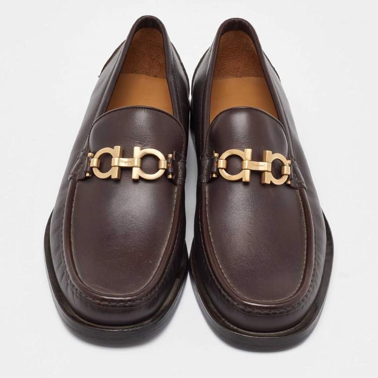 Pre Owned Salvatore Ferragamo Dark Brown Leather Gancini Slip On Loafers Size 41.5