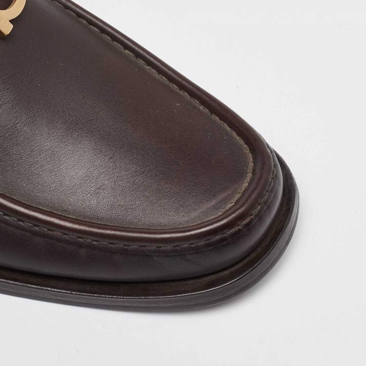 Pre Owned Salvatore Ferragamo Dark Brown Leather Gancini Slip On Loafers Size 41.5