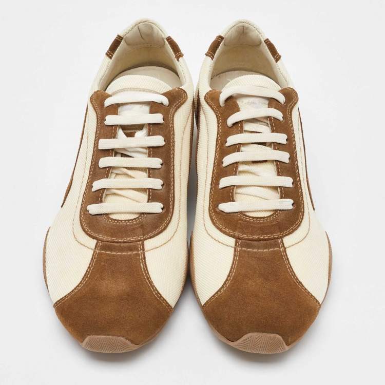 Pre Owned Salvatore Ferragamo Brown/Cream Suede and Fabric Low Top Sneakers Size 41.5