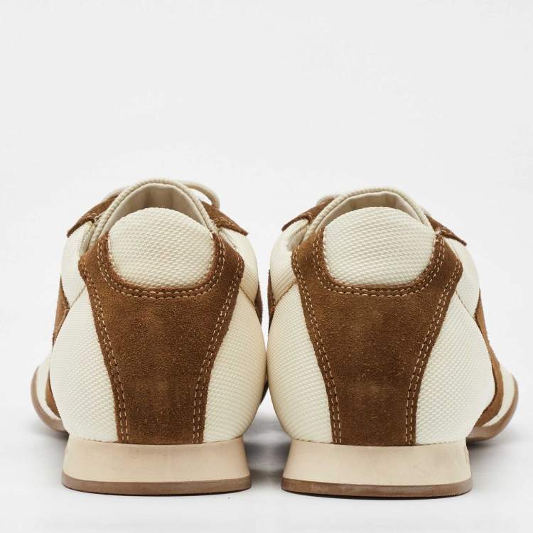 Pre Owned Salvatore Ferragamo Brown/Cream Suede and Fabric Low Top Sneakers Size 41.5