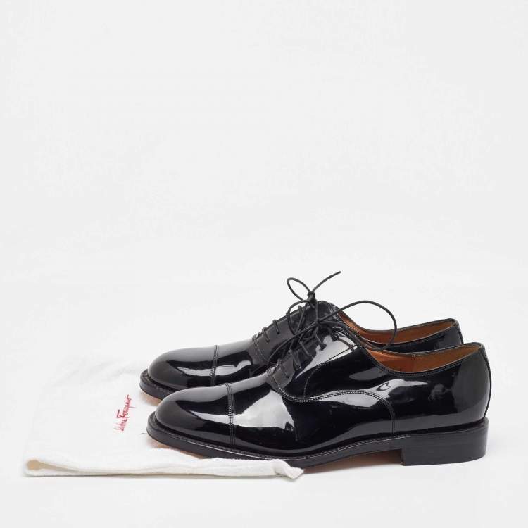 Pre Owned Salvatore Ferragamo Black Patent Leather Lace Up Oxfords Size 41.5