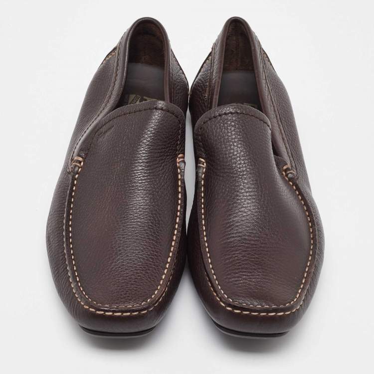 Pre Owned Salvatore Ferragamo Dark Brown Leather Slip On Loafers Size 41.5