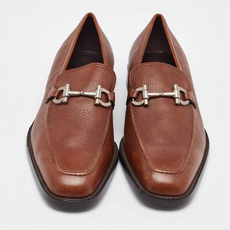 Pre Owned Salvatore Ferragamo Brown Leather Gancini Slip On Penny Loafers Size 41.5