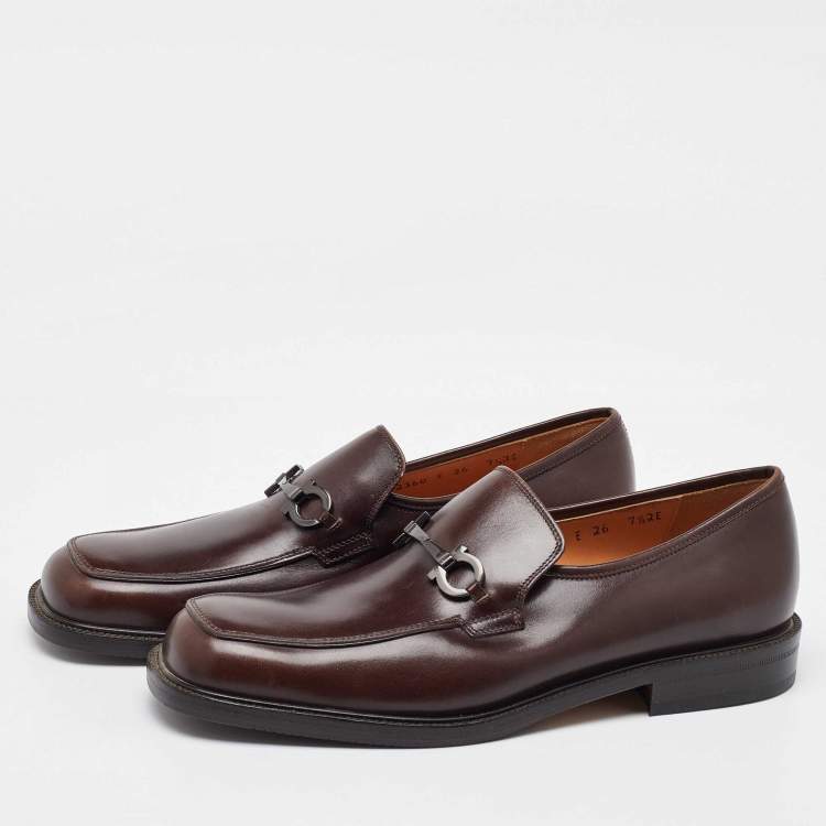 Pre Owned Salvatore Ferragamo Brown Leather Gancini Slip On Loafers Size 41.5