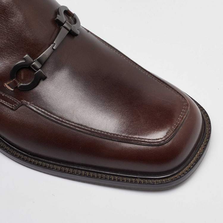 Pre Owned Salvatore Ferragamo Brown Leather Gancini Slip On Loafers Size 41.5