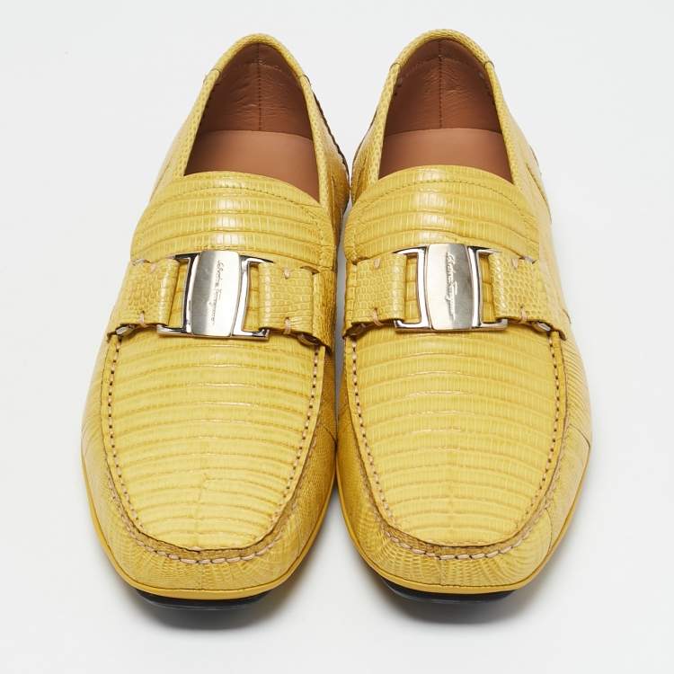 Pre Owned Salvatore Ferragamo Yellow Lizard Leather Sardegna Loafers Size 41.5