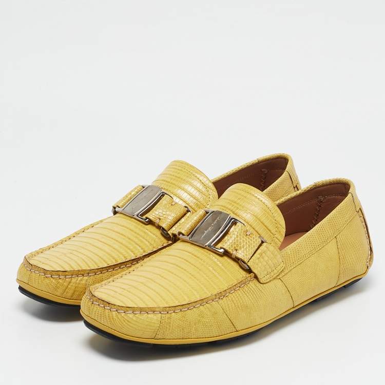 Pre Owned Salvatore Ferragamo Yellow Lizard Leather Sardegna Loafers Size 41.5