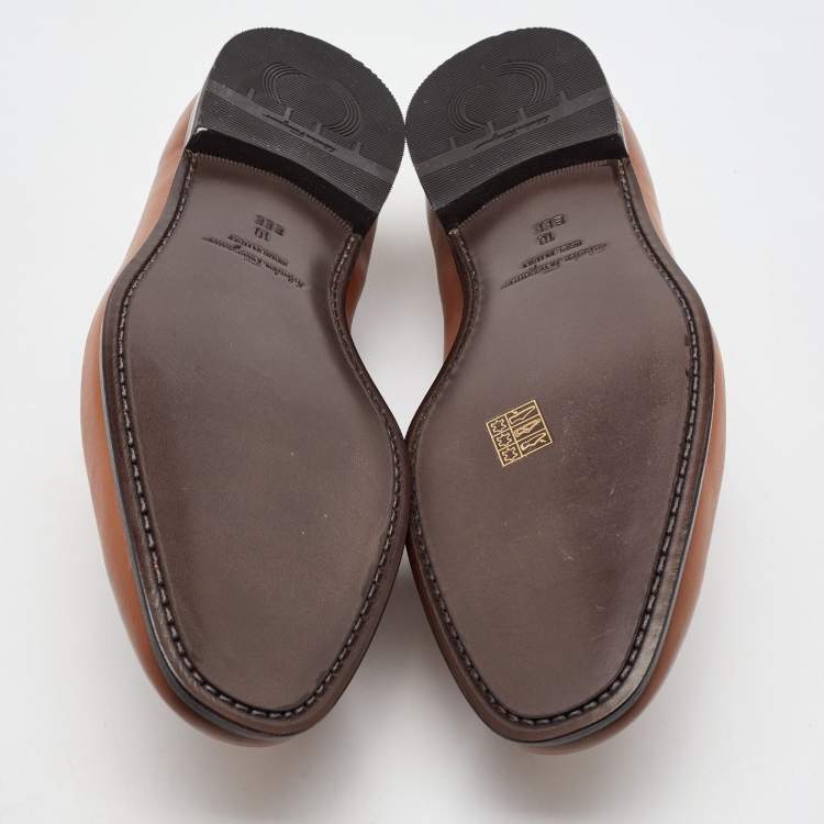 Pre Owned Salvatore Ferragamo Camel Brown Leather Gancini Penny Loafers Size 44