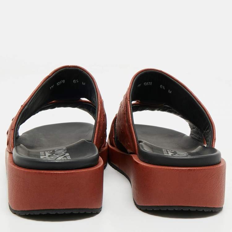 Pre Owned Salvatore Ferragamo Brown Ostrich Lutfi Platform Slides Size 40.5