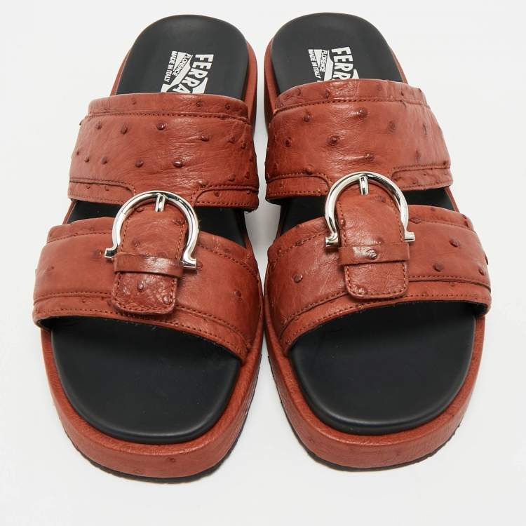 Pre Owned Salvatore Ferragamo Brown Ostrich Lutfi Platform Slides Size 40.5