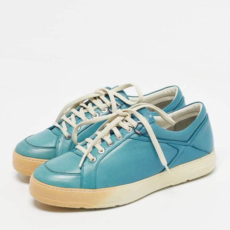 Pre Owned Salvatore Ferragamo Blue Leather Lace Up Sneakers Size 41.5